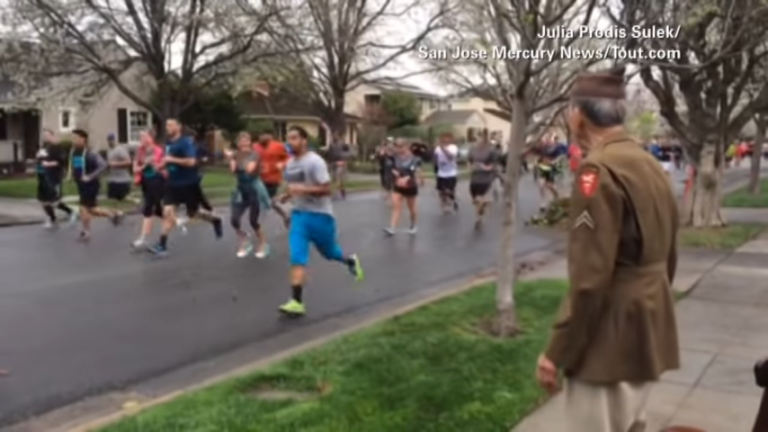 (VIDEO)95-Year-Old World War II Vet Stands Outside His House to Watch Runners, Now Keep Your Eyes On The Man In Red