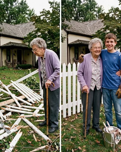 My 14-Year-Old Son Repaired Our Elderly Neighbor’s Fence After the Storm – The Next Morning, Officers Arrived With a Note She’d Left for Him